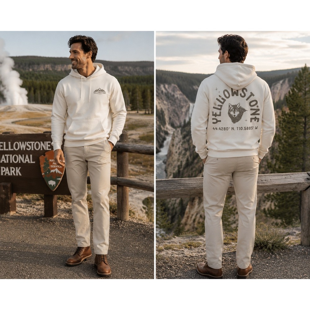 Melrose Place Yellowstone National Park Wolf Hoodie Men's M Cream 80/20 Cotton
